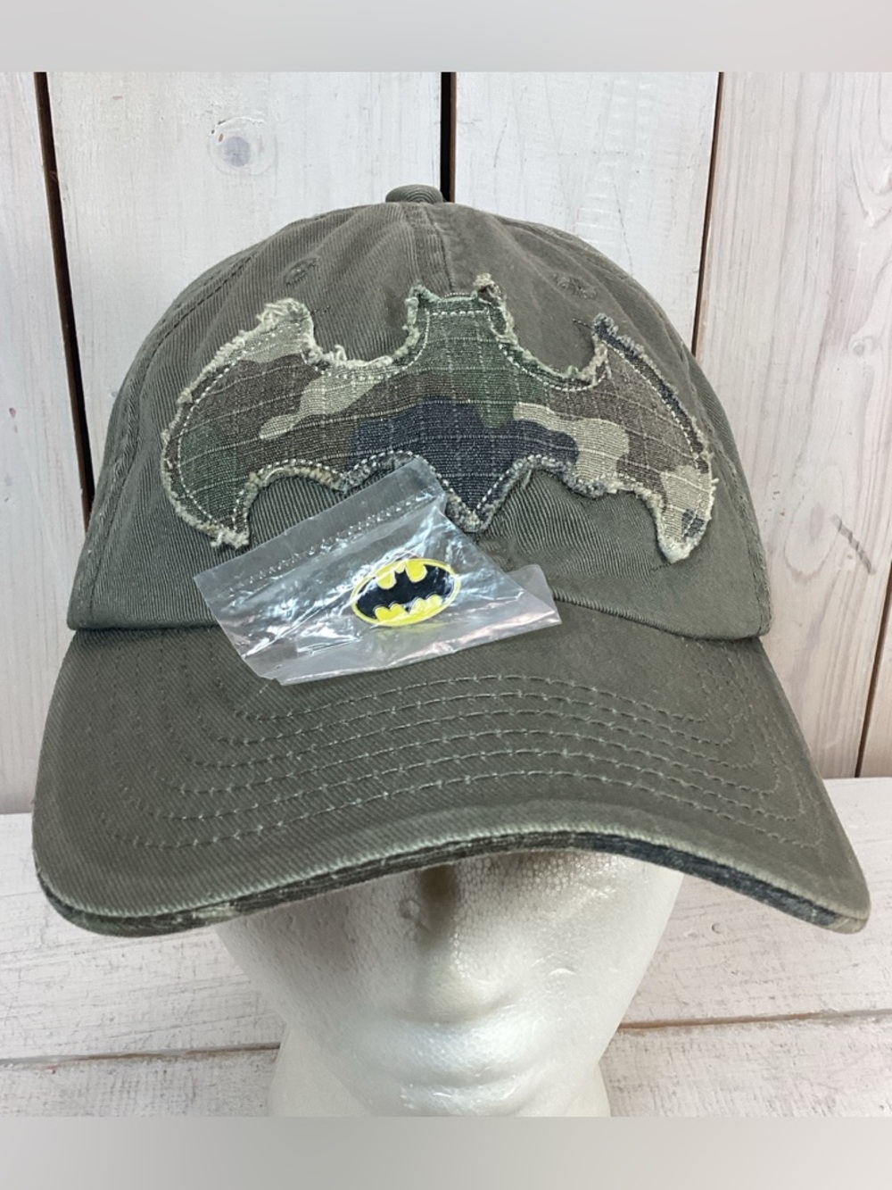 Youth Batman Distressed Camouflage Baseball Hat with New Batman Pin